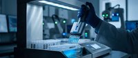 Laboratory scientist in protective gloves using multichannel pipette for precise liquid handling in modern research facility with blue lighting and equipment.