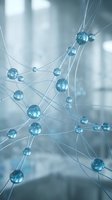 Abstract molecular network structure with connected blue spheres and lines representing scientific research, chemistry, biotechnology and data visualization concepts.