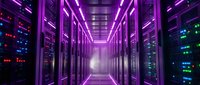 Modern data center server room with purple neon lighting and glowing equipment racks creating futuristic technology corridor for digital infrastructure concepts.