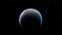 Glowing blue planet with atmospheric halo against dark starry space background, showing curved horizon and ethereal light effects. Suitable for astronomy themes.