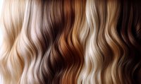 Wavy hair samples showing different natural shades from platinum blonde to dark brown, arranged in vertical stripes displaying various hair coloring techniques and textures.