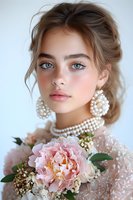 Young woman with pearl jewelry and pink peonies wearing romantic bridal attire. Soft natural makeup, blue eyes and upswept hairstyle create elegant wedding portrait.