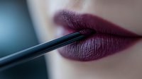Close-up of burgundy lipstick application with black lip pencil, showing detailed lip texture and professional makeup technique. Macro beauty photography.