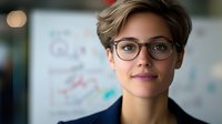 Young professional woman with short pixie haircut and modern glasses smiling confidently in office setting with blurred whiteboard background. For business and corporate concepts.