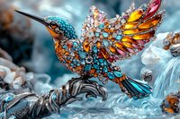 Decorative hummingbird brooch with colorful gemstones and crystals in turquoise, amber and pink tones against blurred silver background, macro jewelry photography.