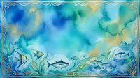 Underwater ocean scene with tropical fish swimming among coral and seaweed in turquoise blue watercolor style with decorative border frame for marine themes.