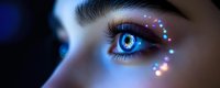 Futuristic digital eye with glowing LED lights around iris showcasing advanced technology and cyberpunk aesthetic for sci-fi concepts.