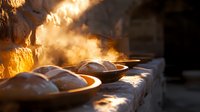 Fresh baked bread loaves on wooden plates in rustic bakery with steam and golden sunlight streaming through window, creating atmospheric morning scene.