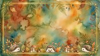 Vintage watercolor autumn foliage background with ornate gold frame border, featuring fall leaves, ferns and botanical elements in warm earthy tones.
