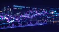 Futuristic holographic stock market chart with glowing purple and blue data visualization displaying trading analytics and financial graphs in digital space.