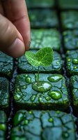 Tiny green seedling sprouting through water drops on dark stone surface, with finger gently touching leaf. Macro nature photography showing growth and nurturing.