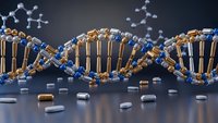 DNA double helix structure with pharmaceutical capsules and molecular compounds on dark background for medical research and biotechnology applications.
