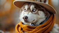 Siberian husky dog with blue eyes wearing straw hat and orange scarf against autumn background, pet fashion portrait.