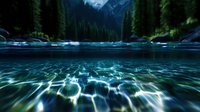 Ethereal underwater light patterns in mountain lake with pine forest and peaks in background, split view above and below water surface at dusk.