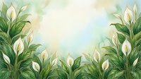 Elegant botanical frame with white peace lily flowers and lush green foliage on soft watercolor background for spring design projects.