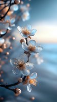 Delicate cherry blossoms with translucent white petals against blue sky background, morning dew drops sparkle on flowers creating dreamy spring atmosphere.
