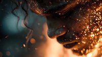 Mysterious woman with glowing golden particles and sparks against dark blue background, creating magical atmosphere for fantasy or spiritual design.