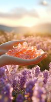 Female hands holding pink healing crystals over blooming lavender field at sunset, with soft golden light and bokeh effect creating magical atmosphere.