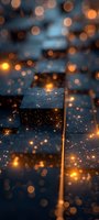Magical glowing bokeh lights on dark blue steps create dreamy atmosphere with golden sparkles and luminous orbs floating in evening ambiance.
