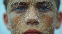 Close up portrait of young Caucasian male face covered with sugar crystals or frost particles against blue background, highlighting bright blue eyes and textured skin.