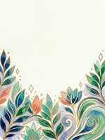 Watercolor floral border with gold outlines, colorful leaves and blooms on cream background, for cards, invitations, and stationery design.