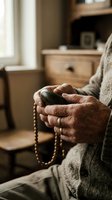 Elderly woman hands holding prayer beads in peaceful meditation at home, spiritual practice and faith concept for wellness and mindfulness lifestyle.