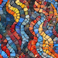 Colorful wavy mosaic pattern with red, blue, yellow and orange ceramic tiles forming dynamic curved lines. Seamless repeat design for fabric and wallpaper backgrounds.
