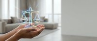 Hands holding glowing scales of justice symbol, representing law, legal services, fairness, and compliance in modern office environment.
