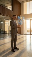 Professional businessman using holographic interface technology in modern corporate office lobby with natural lighting and contemporary architecture.