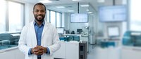 Confident African American male doctor in white coat smiling in modern hospital corridor with medical equipment and bright windows in background.