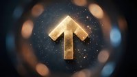 Golden glowing arrow pointing upward with sparkling particles and bokeh lights on dark background symbolizing growth, success and progress.