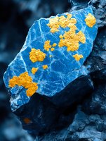 Raw blue mineral stone with golden yellow inclusions on dark background, macro photography showing natural texture and crystalline structure detail.