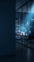 Businessman holding glowing cloud computing icons and digital network symbols in palm against modern office interior with city skyline, representing data storage and technology solutions.