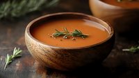 Creamy tomato soup garnished with fresh rosemary herbs served in rustic wooden bowl on dark table for cozy dining and comfort food recipes.