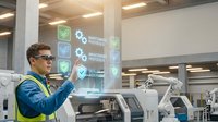 Young Caucasian male engineer in safety vest using augmented reality interface with holographic maintenance icons in modern industrial facility.