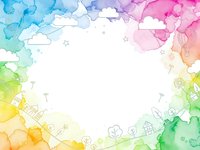 Colorful watercolor frame with white center space for text, featuring rainbow gradient border with scattered decorative elements and copy space.