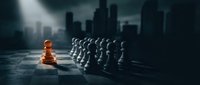 Wooden pawn facing army of black chess pieces with dark cityscape background, representing business strategy, leadership, competition, and corporate challenge.