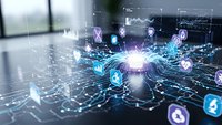 Digital network with glowing security icons and data connections representing cybersecurity technology and information protection systems.