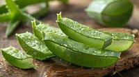 Fresh aloe vera leaves with water drops on wooden surface, natural organic skincare ingredient perfect for cosmetic, wellness and beauty content creators.