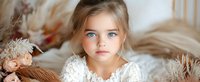 Young girl with blue eyes wearing white lace dress poses against soft neutral background with dried flowers and natural textures creating dreamy childhood portrait.