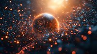 Glowing sphere emits magical light among floating particles in dark space, orange and blue bokeh effects create mystical atmosphere for fantasy backgrounds.