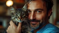 Mature bearded Caucasian man in blue shirt holding and bonding with Maine Coon cat, showing genuine happiness and connection with pet in warm atmospheric lighting.