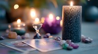 Mystical arrangement with lit textured candle, tarot cards and healing crystals on table in soft focus. Purple and teal ambient lighting creates spiritual atmosphere.