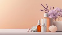 Elegant skincare composition with amber serum bottle, white containers, lavender flowers, and natural elements against soft peach background.