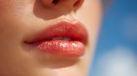 Close-up of glossy coral lips with natural shine against blue background, showcasing moisturized skin and defined lip contour for beauty and cosmetic advertising.