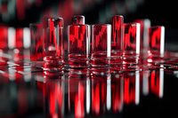 Red glass vials with dramatic lighting create mysterious reflections on dark surface, conveying medical, scientific, or luxury cosmetic concept.