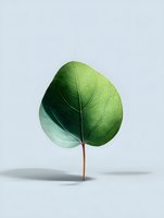 Single green leaf with thin stem casting soft shadow on light background, minimalist nature composition for eco-friendly concepts and sustainable design.