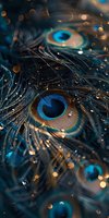 Iridescent peacock feathers with vibrant blue eyes and golden bokeh lights creating magical atmosphere. Macro photography reveals intricate details and natural patterns.