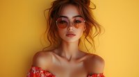 Young Asian woman in red off-shoulder top and round sunglasses poses against yellow background. Messy updo hairstyle and natural makeup create modern fashion portrait.