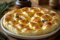 Freshly baked focaccia bread with golden crust and rosemary sprigs on white plate, served on wooden board for Italian cuisine.